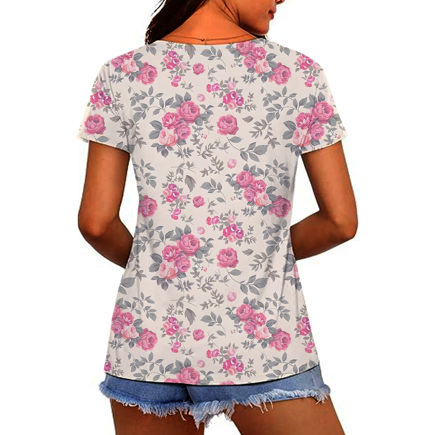 Women's T-shirt, Natural Plant And Floral Print, Casual V-neck Short Sleeves