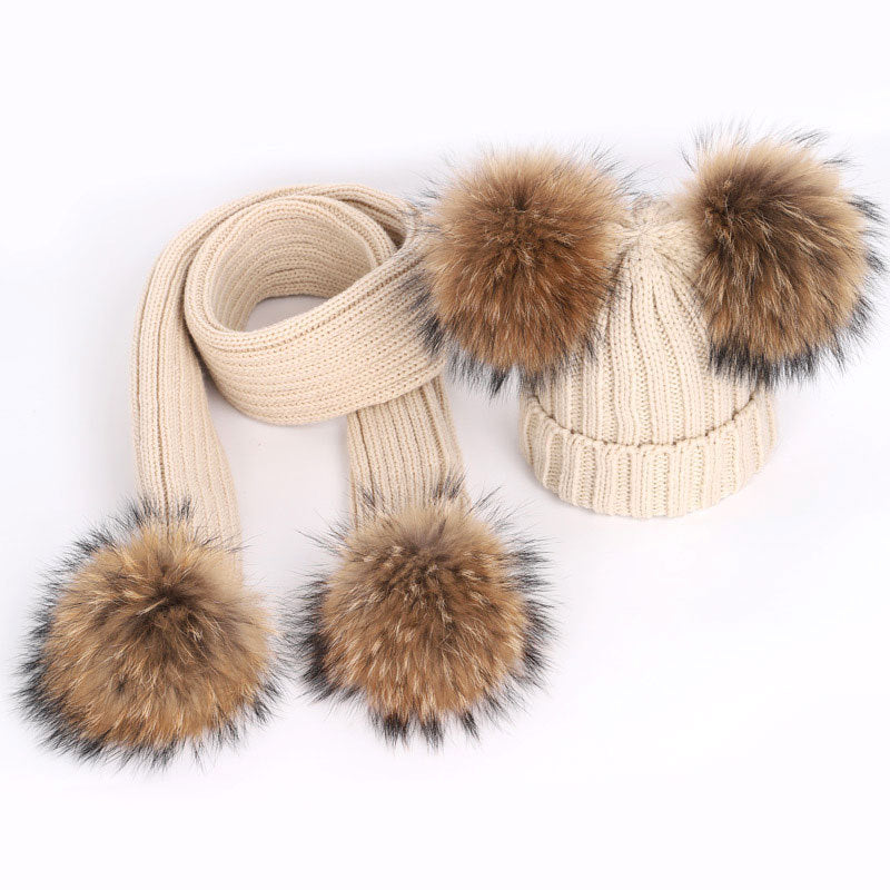 Men's And Women's Thickened Raccoon Fur Ball Knitted Ear  Set