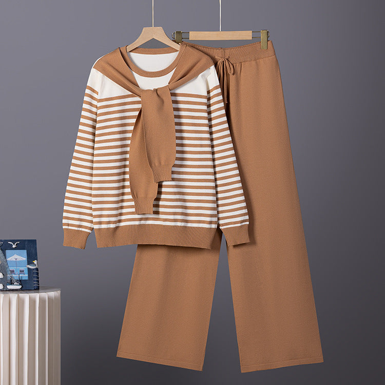 Womens Professional Knit Set Striped Sweater And Wide Leg Pants Two Piece Suit