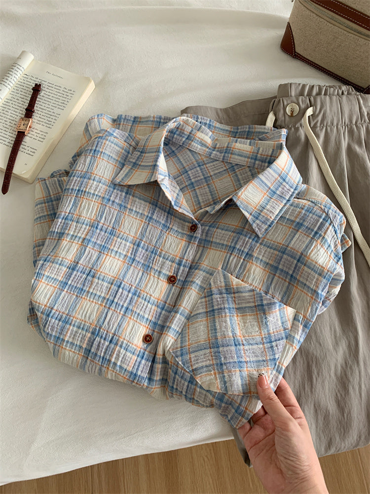 Women's Art Retro Washed Cotton Yarn Checkered Shirt