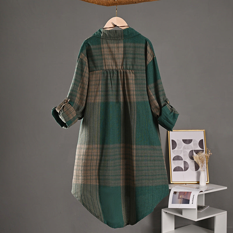 New Cotton-linen Top Retro Springfall Plaid Shirt