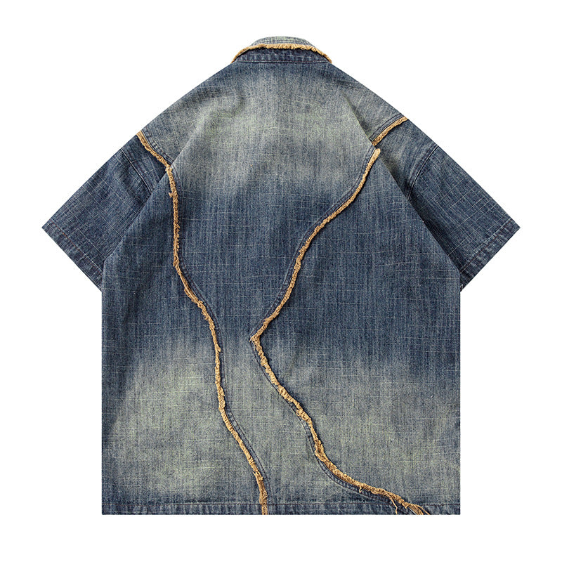 Worn Looking Washed-out Gradient Design Sense Denim Short Sleeve Shirt Men