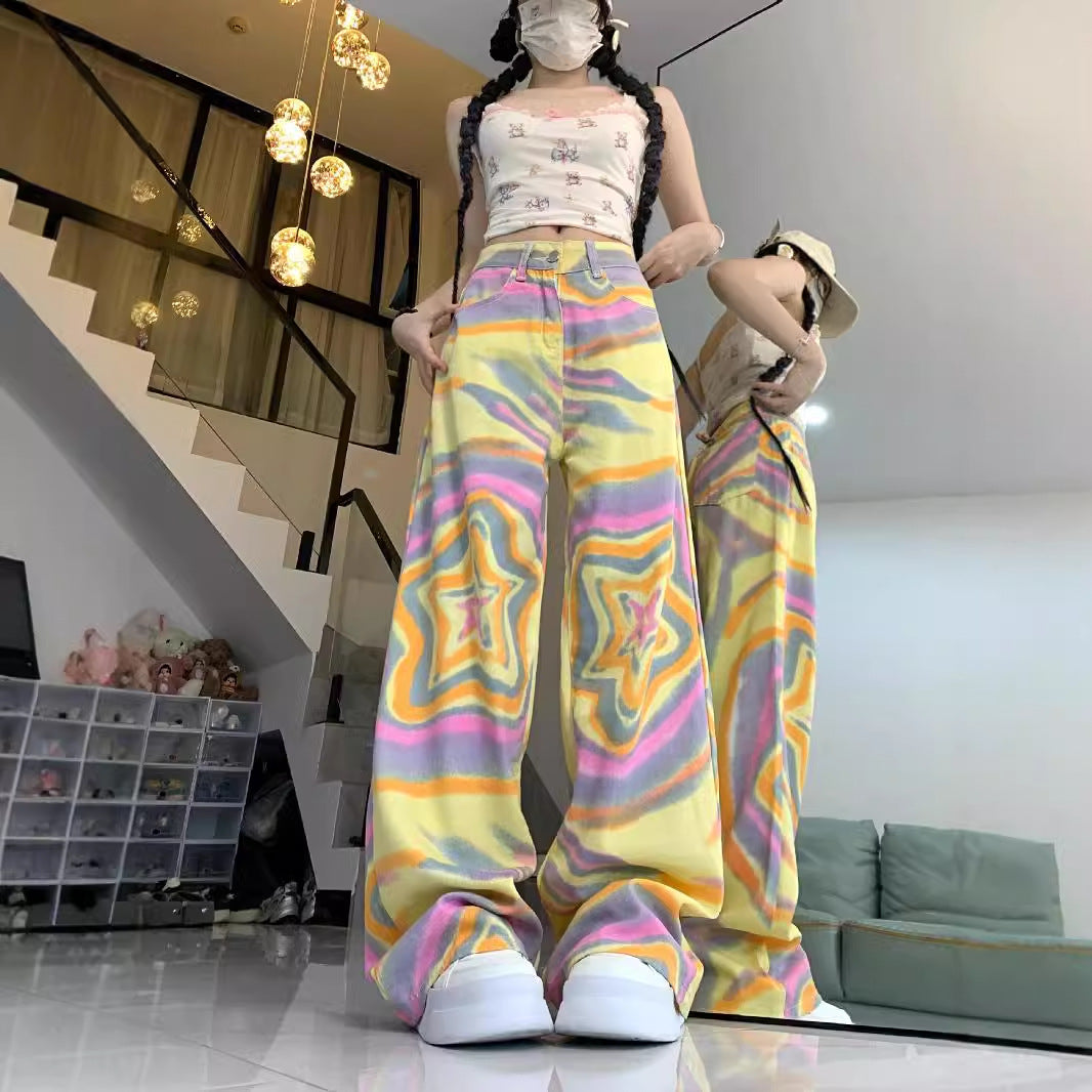 Dame farverige Blooming XINGX Jeans Løse højtaljede bukser med lige ben
