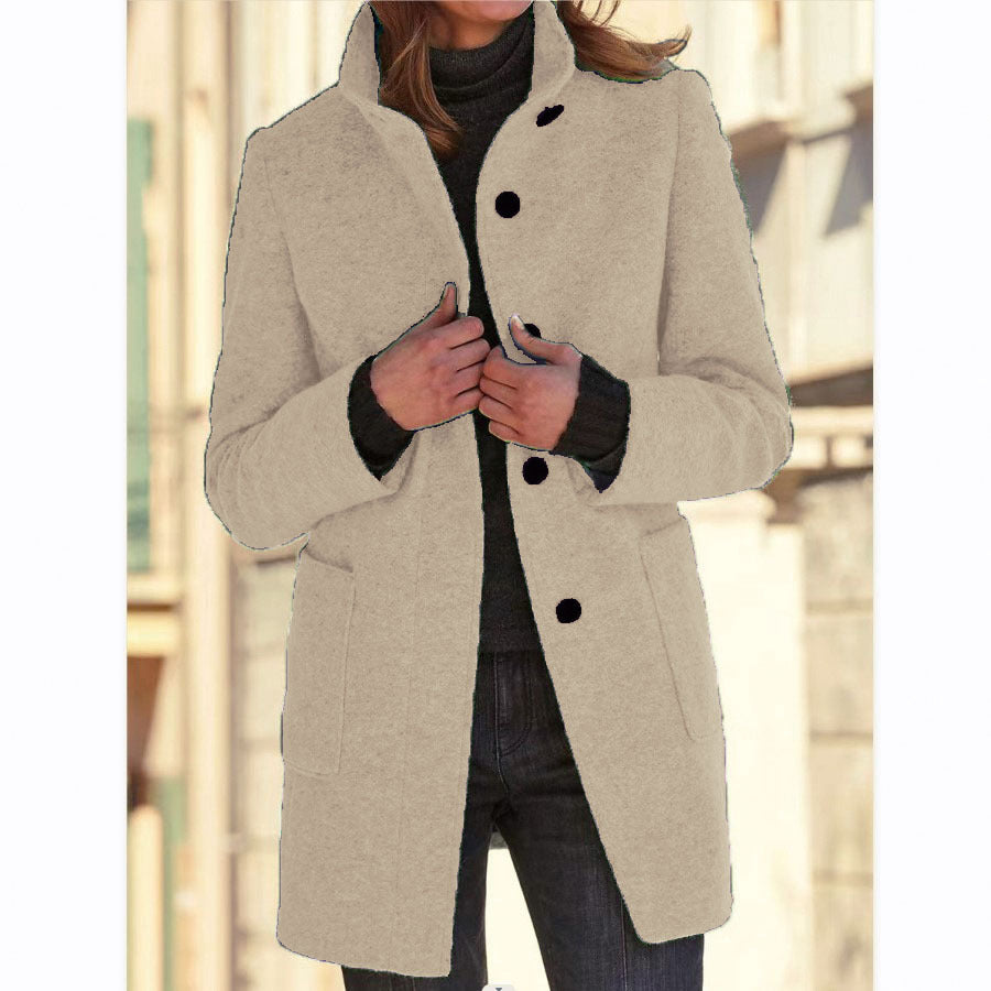 New Retro Solid Color Buttoned Turtleneck Wool Coat