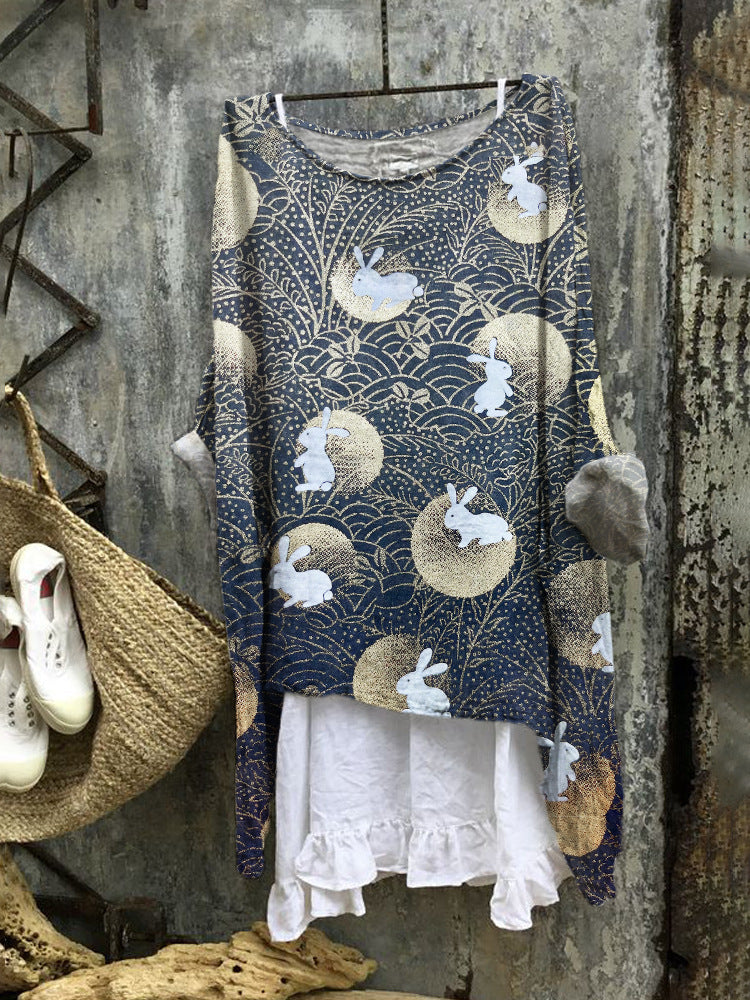 Womens Casual Long-sleeve Loose-fit Printed Top