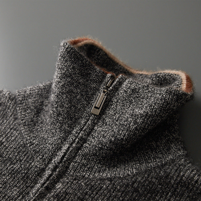 Mens High-Neck Ingot-Clasp Cardigan Sweater With Horizontal Stripes And Zipper Closure