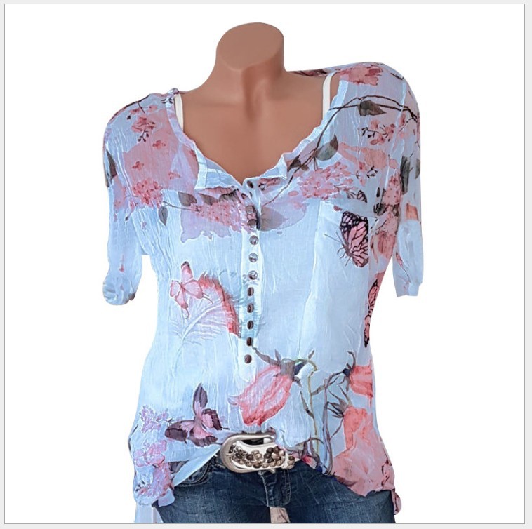 Short Sleeve Printed Shirt Button Top Chiffon Shirt