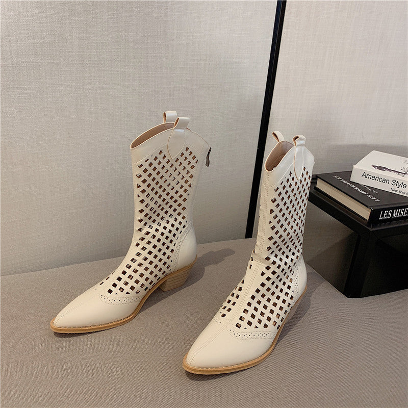 Pointed Western Cowboy Boots Women Thin Hollow Knight Thick Heel Net Boots Sandals