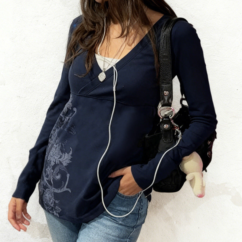 Retro Floral-print Ribbed V-neck Slimming Casual Long-sleeve Top