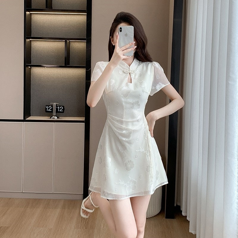 Jacquard Cheongsam Womens Waist Cinching Dress