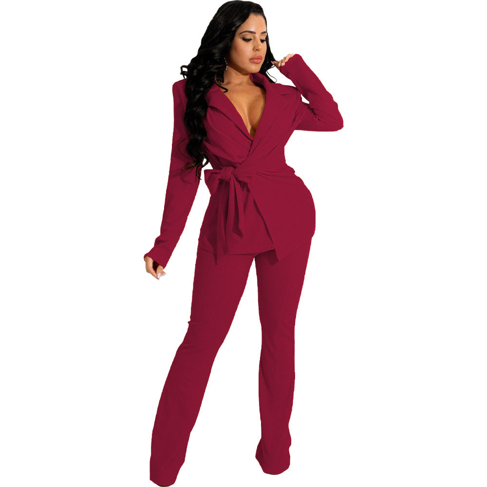 European And American Women's Stand Solid Color Fashion V-neck Two-piece Suit