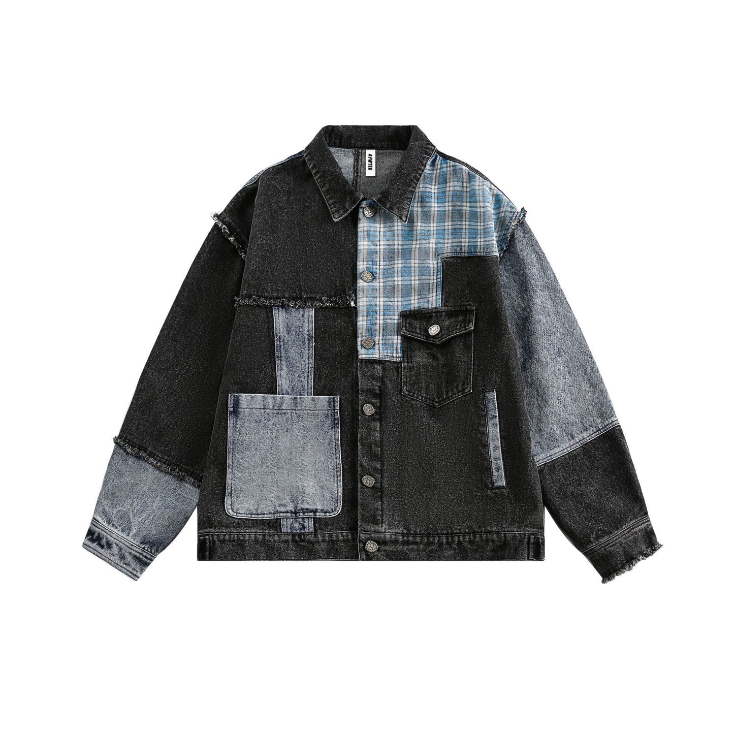 Retro Plaid Stitching Irregular Denim Jacket