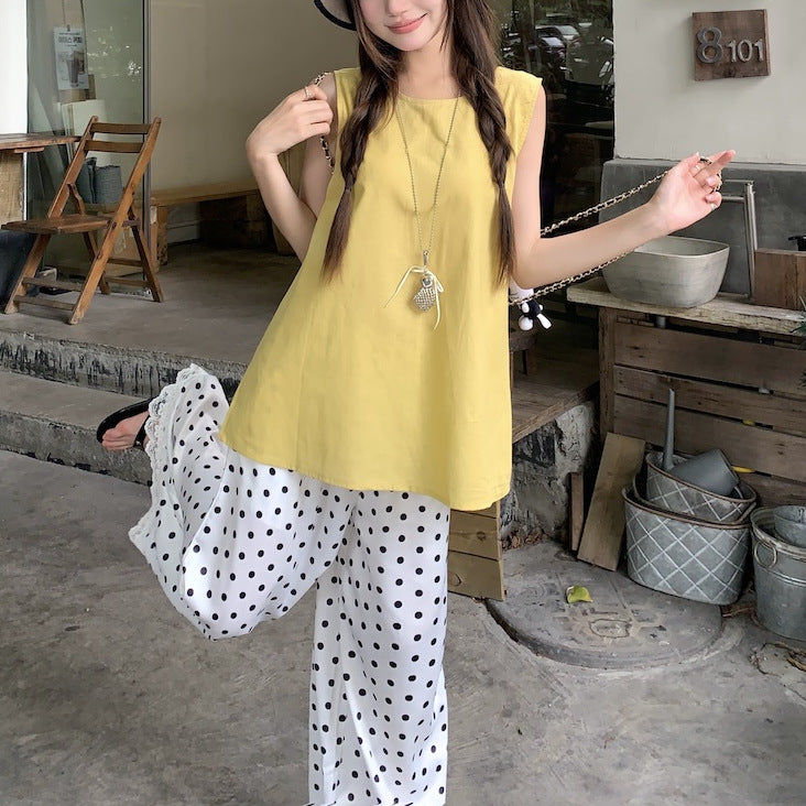Back-tie Tank Top And Polka-dot Wide-leg Pants Two-piece Set For Women, Perfect For Summer