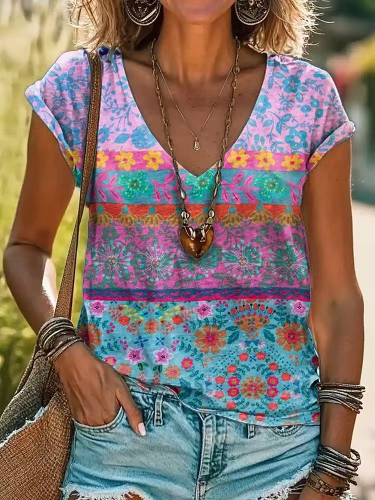 Casual Loose Fashion Digital Printing Multi-color Short Sleeve Women