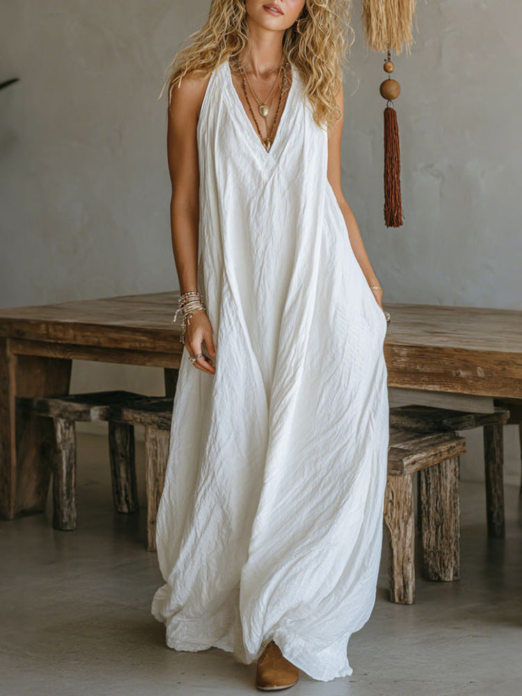 Casual Sleeveless Loose-fit Pocket Vest Maxi Dress
