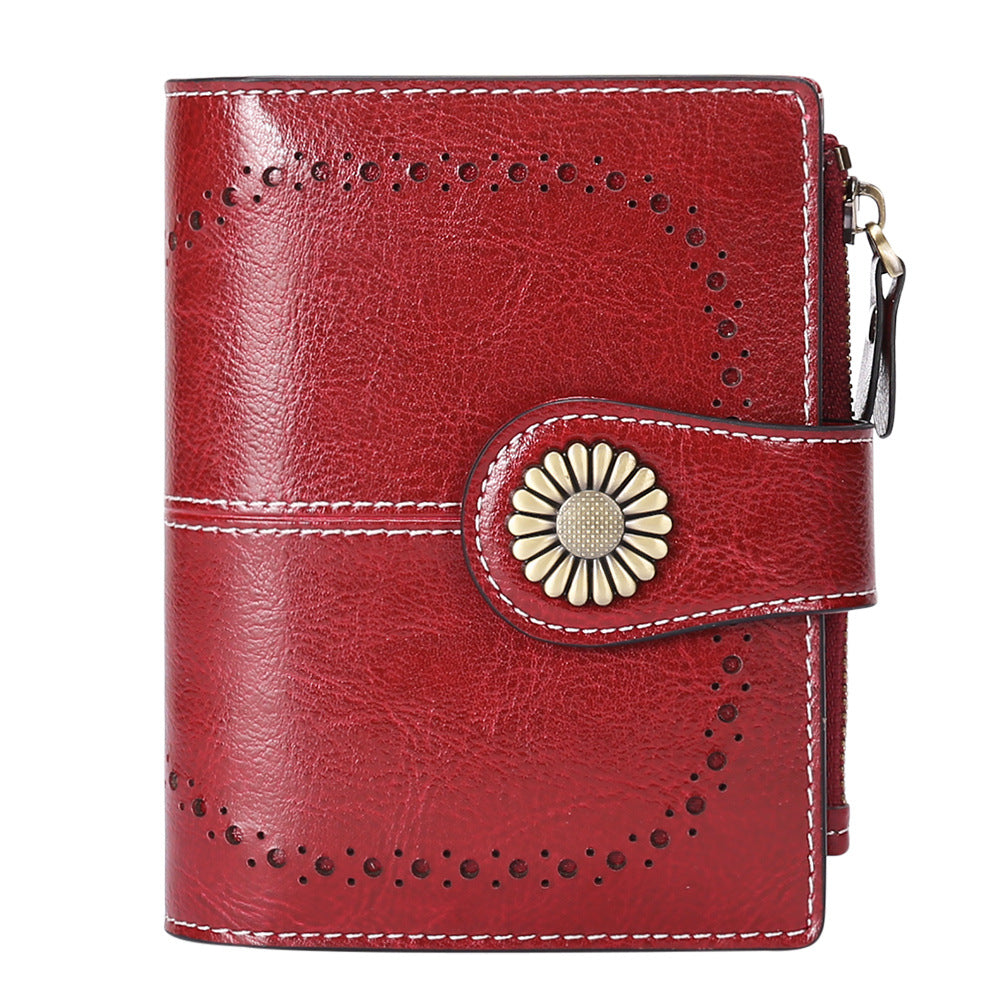 Wallet Women's Short Oil Wax Leather Zipper Card Holder