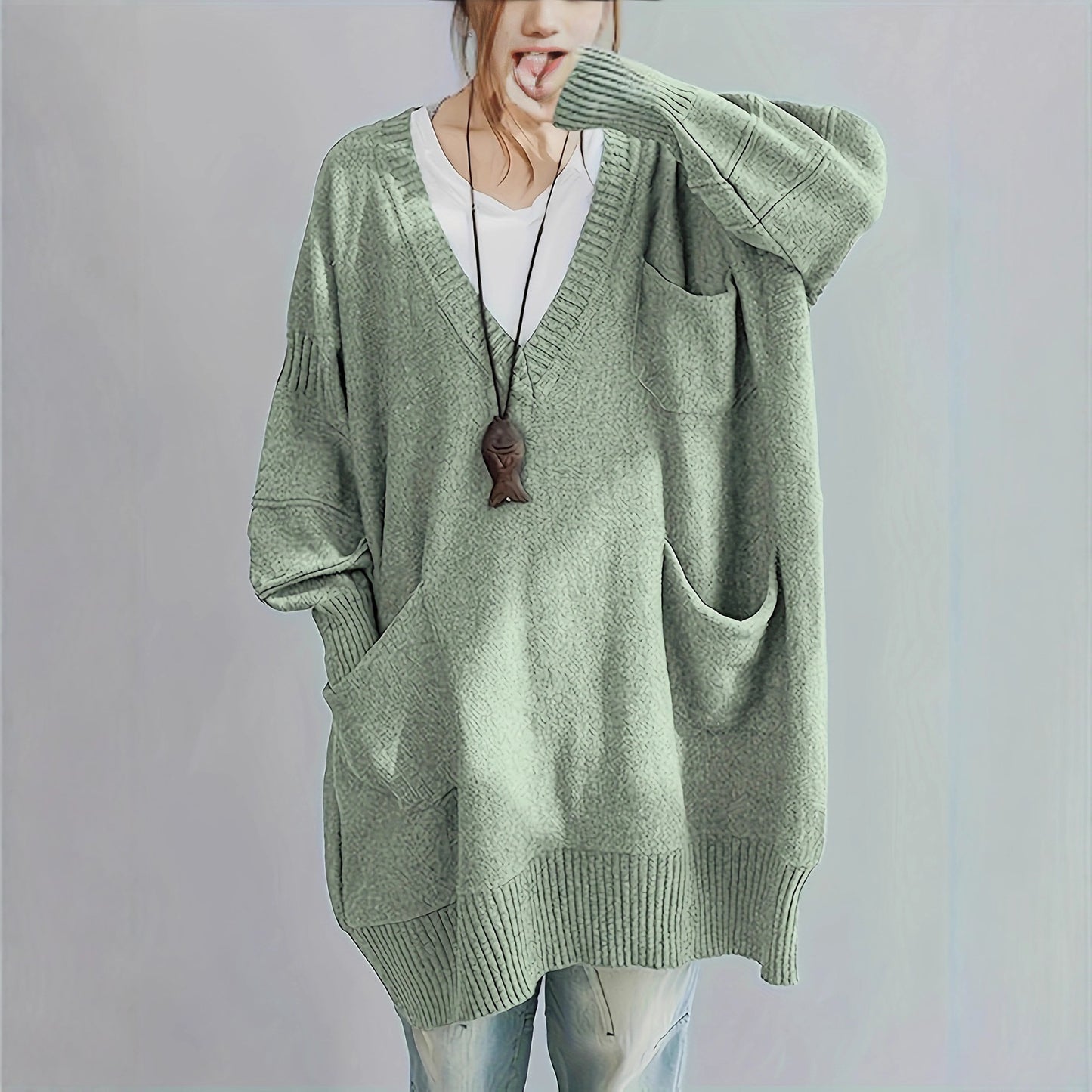 Loose-fitting V-neck Long Sleeves Outerwear Sweater