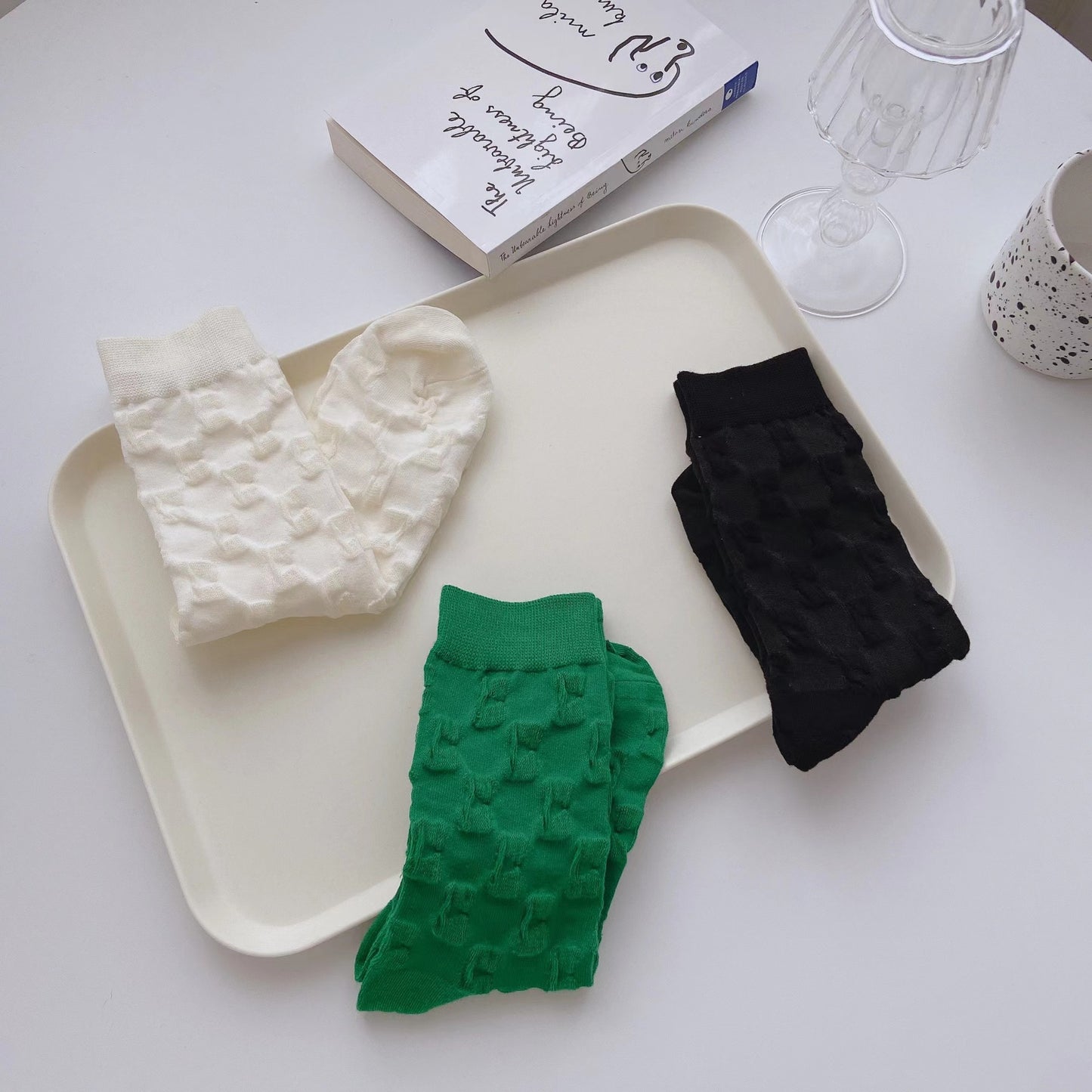 Solid Color White Pile Socks Women's Middle Tube Lolita Stockings