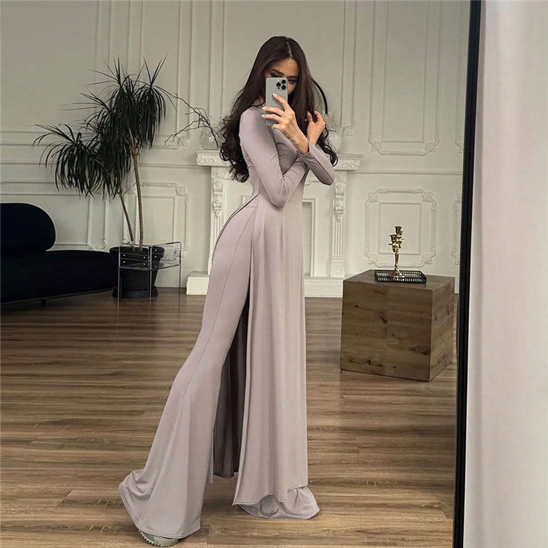 Stylish Solid-Color, Elegant Long-Sleeve Top And Flared Pants Set