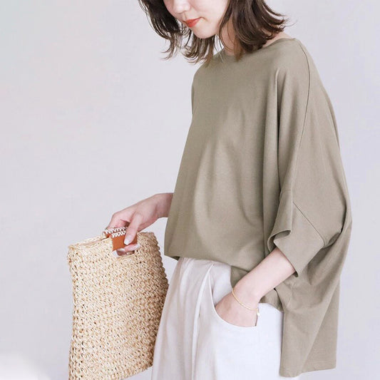 Japansk 6-farvet bomulds-T-shirt med flagermusærmer, oversize, løs pasform til kvinder