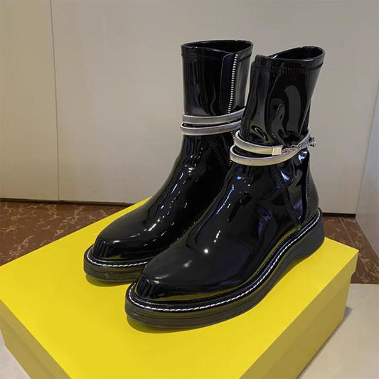 Black Patent Leather Pointed Toe Martin Boots Female British Style