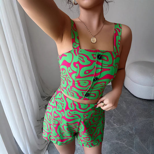 Spaghetti-strap Floral Print Shorts Two-piece Set