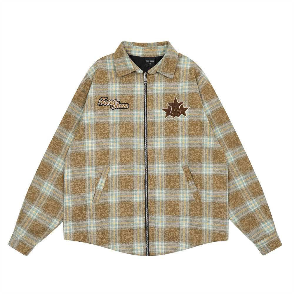 Washed And Worn Plaid Jacket Shirt For Men