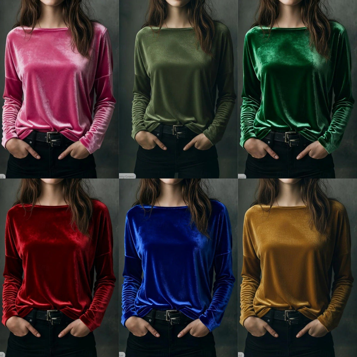 Dame Ensfarvet Løstsiddende Rundhalset Pullover Fløjl T-shirt