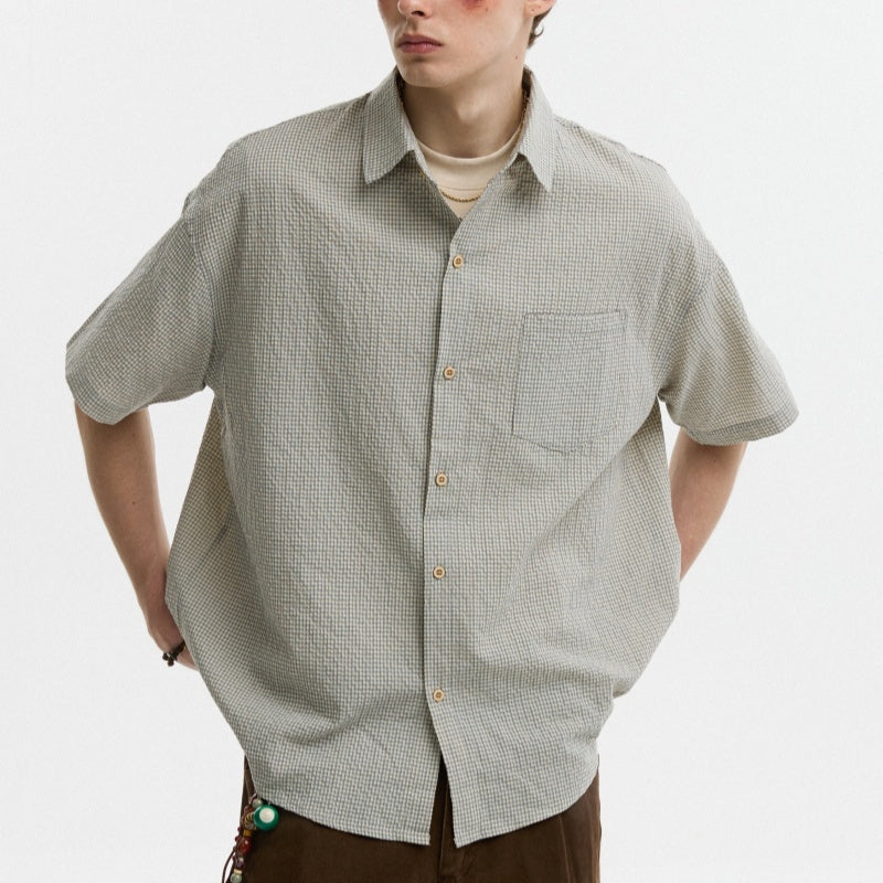 Seersucker Lapel Plaid Shirt Summer Casual Loose