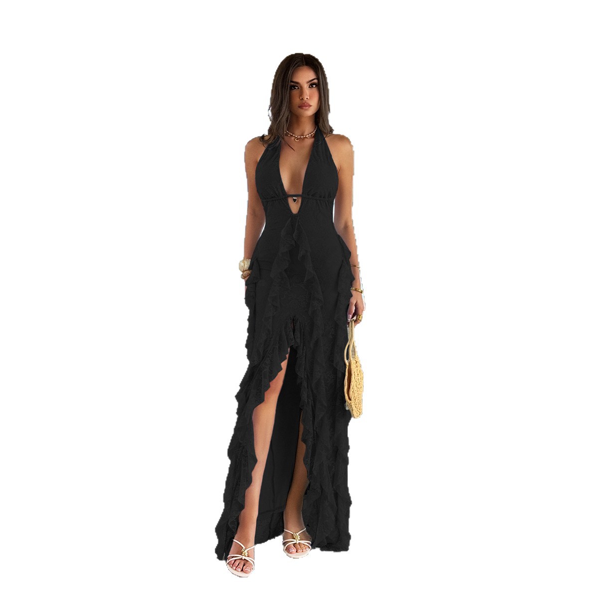 Womens Solid-Color Deep V-Neck Halter Off-Shoulder Dress
