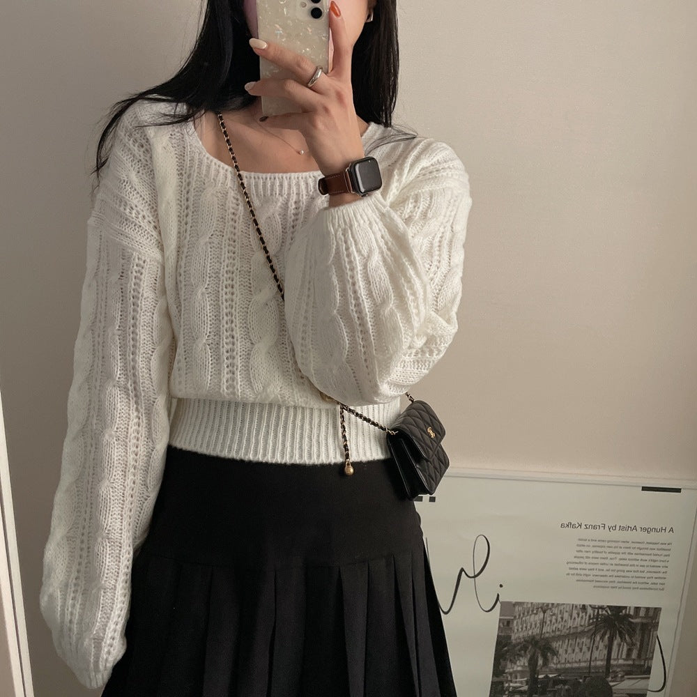 Cable-knit Sweater Lantern Sleeve Solid Color Square Collar Pullover Sweater