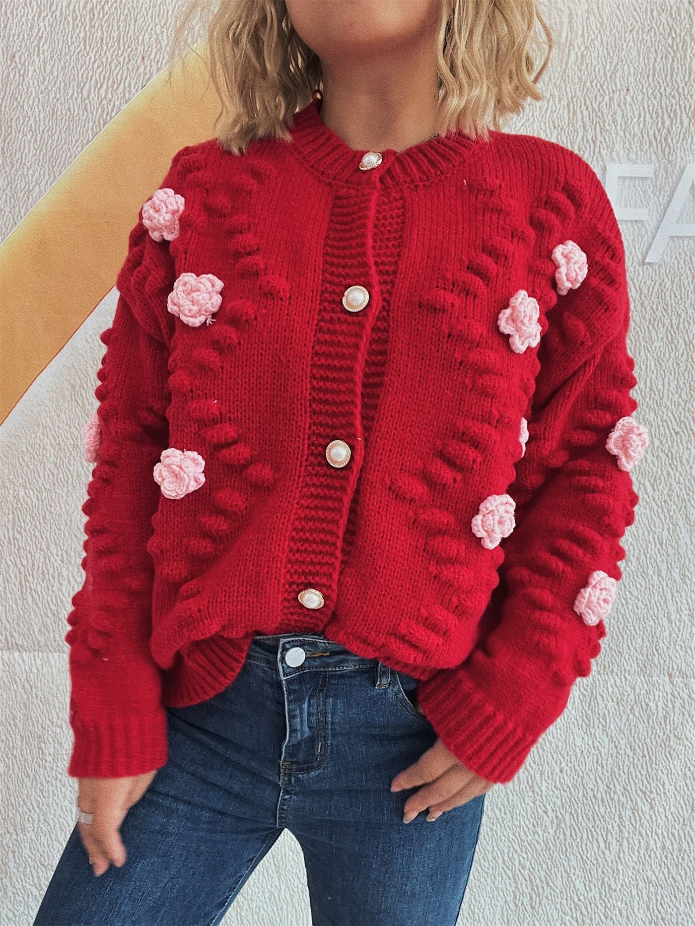 Cute Three-dimensional Flower Decorative Knitted Cardigan Round Neck Sweater