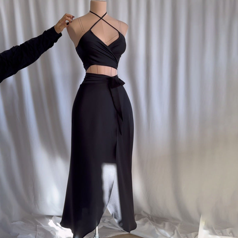 Tube-top Strap Vest And Waist-cinching Skirt Set