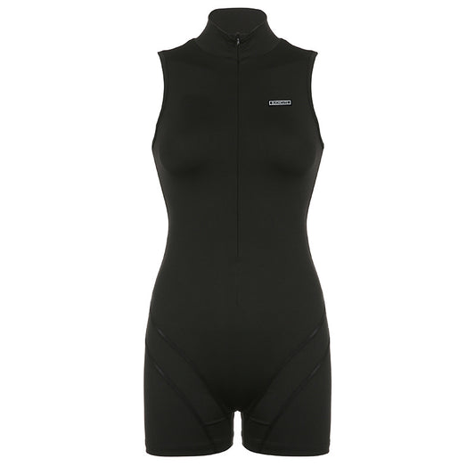 Sleeveless Half Turtleneck Invisible Zipper One-piece Shorts