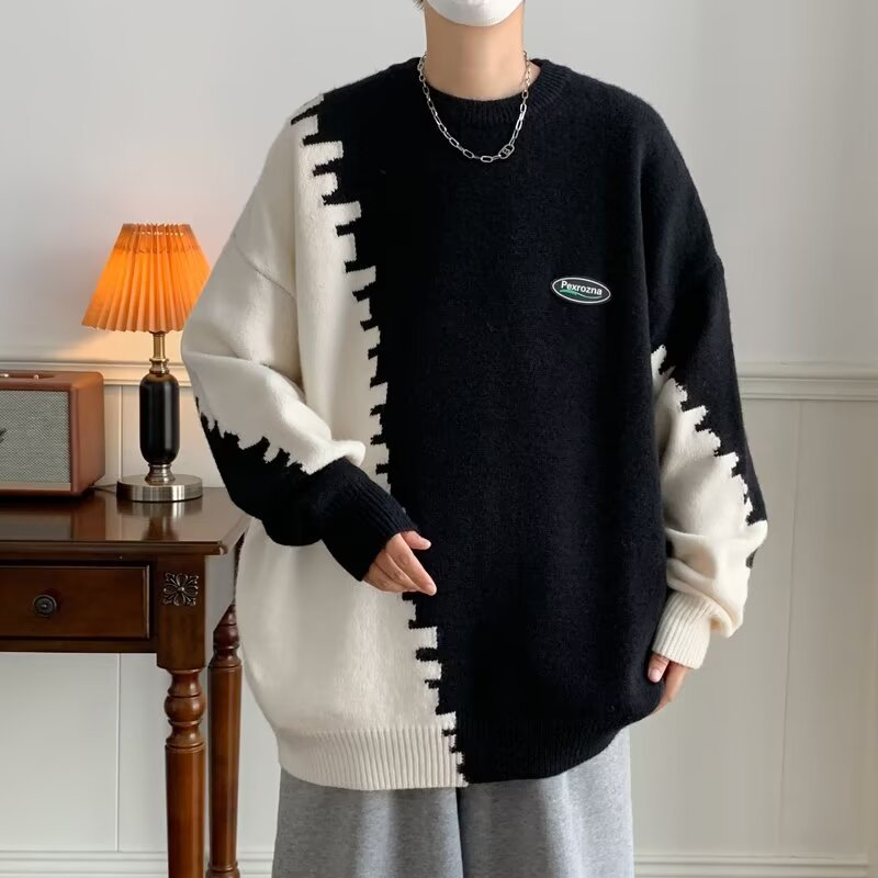 Round Neck Loose Chic Contrasting Design Sweater For Men