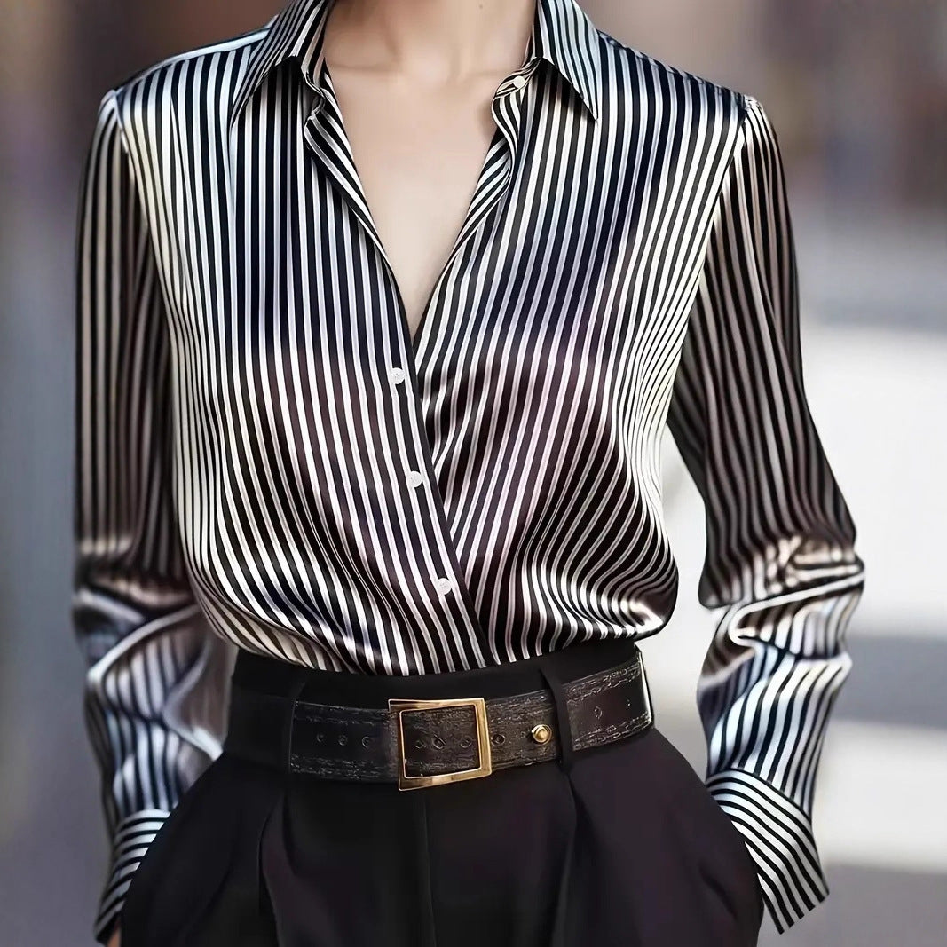 Autumn French Design Retro Stripe Niche Long Sleeve Shirt