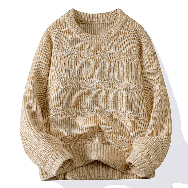 Men's Solid-Colored Knitted Long-Sleeve Retro Crew-Neck Sweater