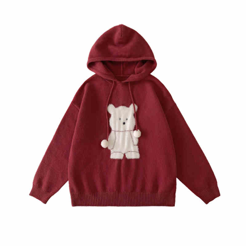 Bear Loose Hooded Warm Sweater Women's Knitted Blouse