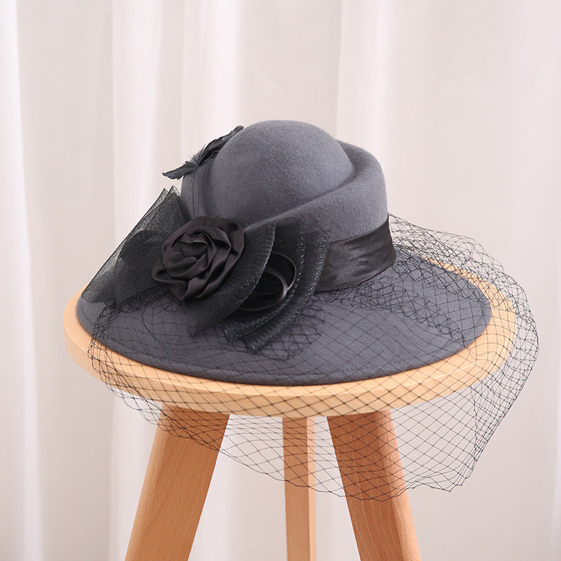 Large Eaves Wool Felt Wool Hat Autumn And Winter Banquet Ladies Warm Mesh Yarn