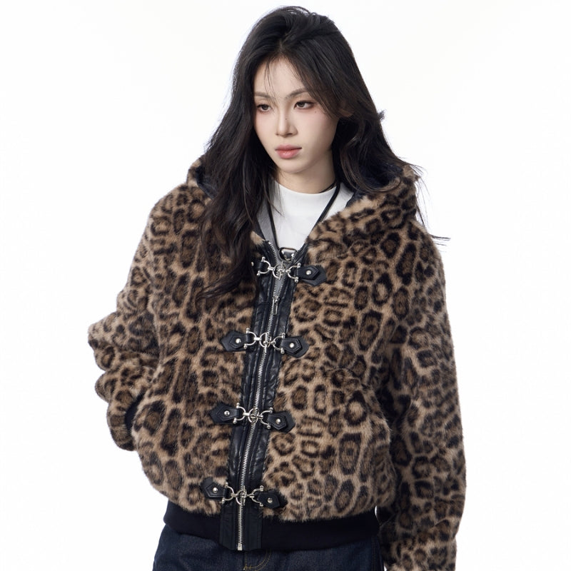 Hættetrøje Dame Løs Tyk Leopardprint Fuldprint Design Gadejakke