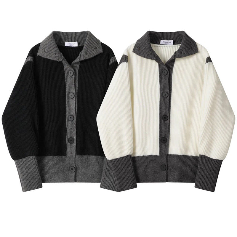 Design Sense Niche Contrast Color Thick Knit Cardigan Coat