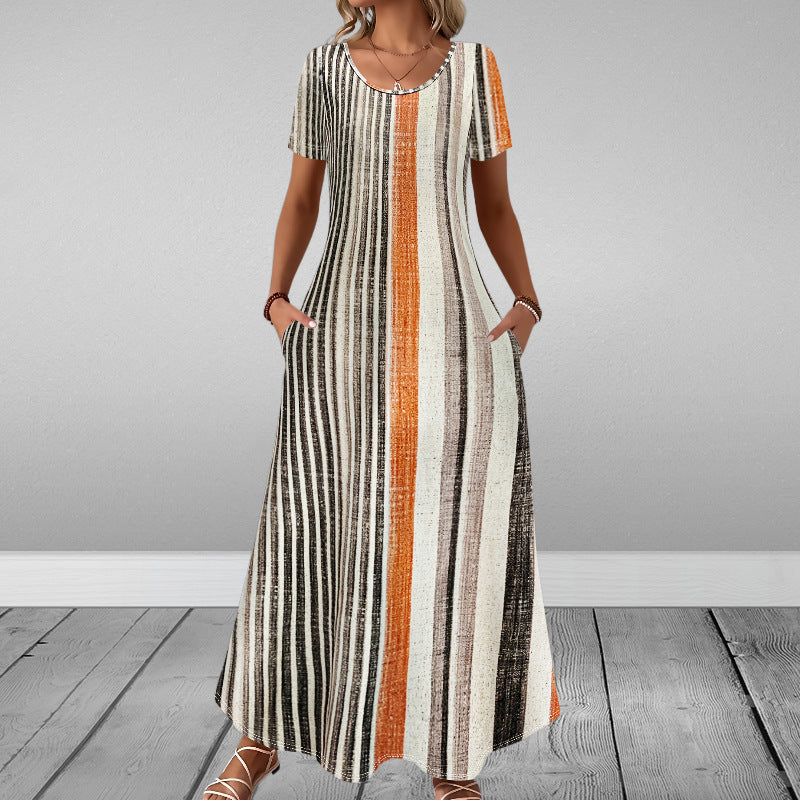 Round-neck Short-sleeve Printed Dress With Patch Pockets