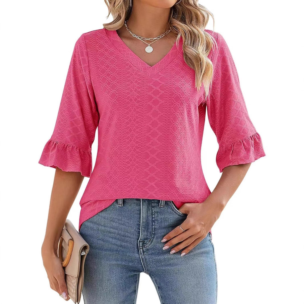 Women's Printed Hollow Ruffle Sleeve Casual Short-sleeved Top