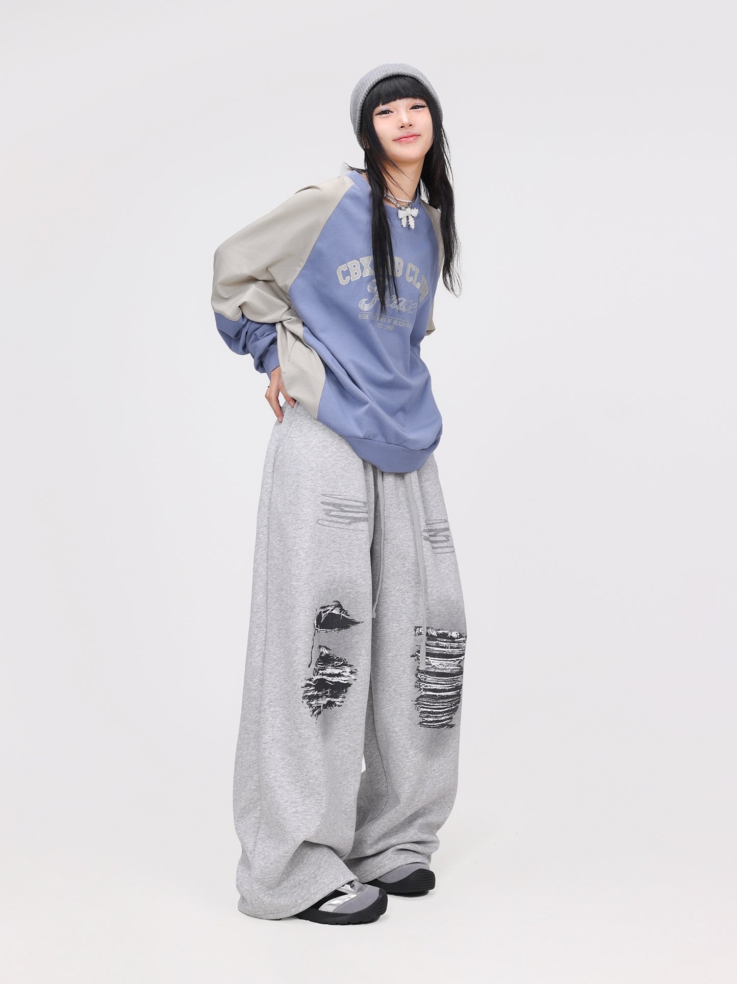Blue Gray Stitching Contrast Color Quick-drying Hip-hop Pullover Kpop Long Sleeve