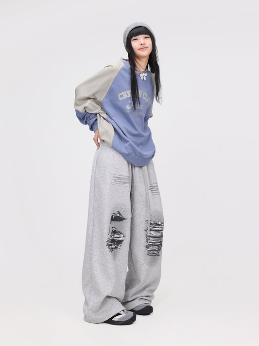 Blue Gray Stitching Contrast Color Quick-drying Hip-hop Pullover Kpop Long Sleeve