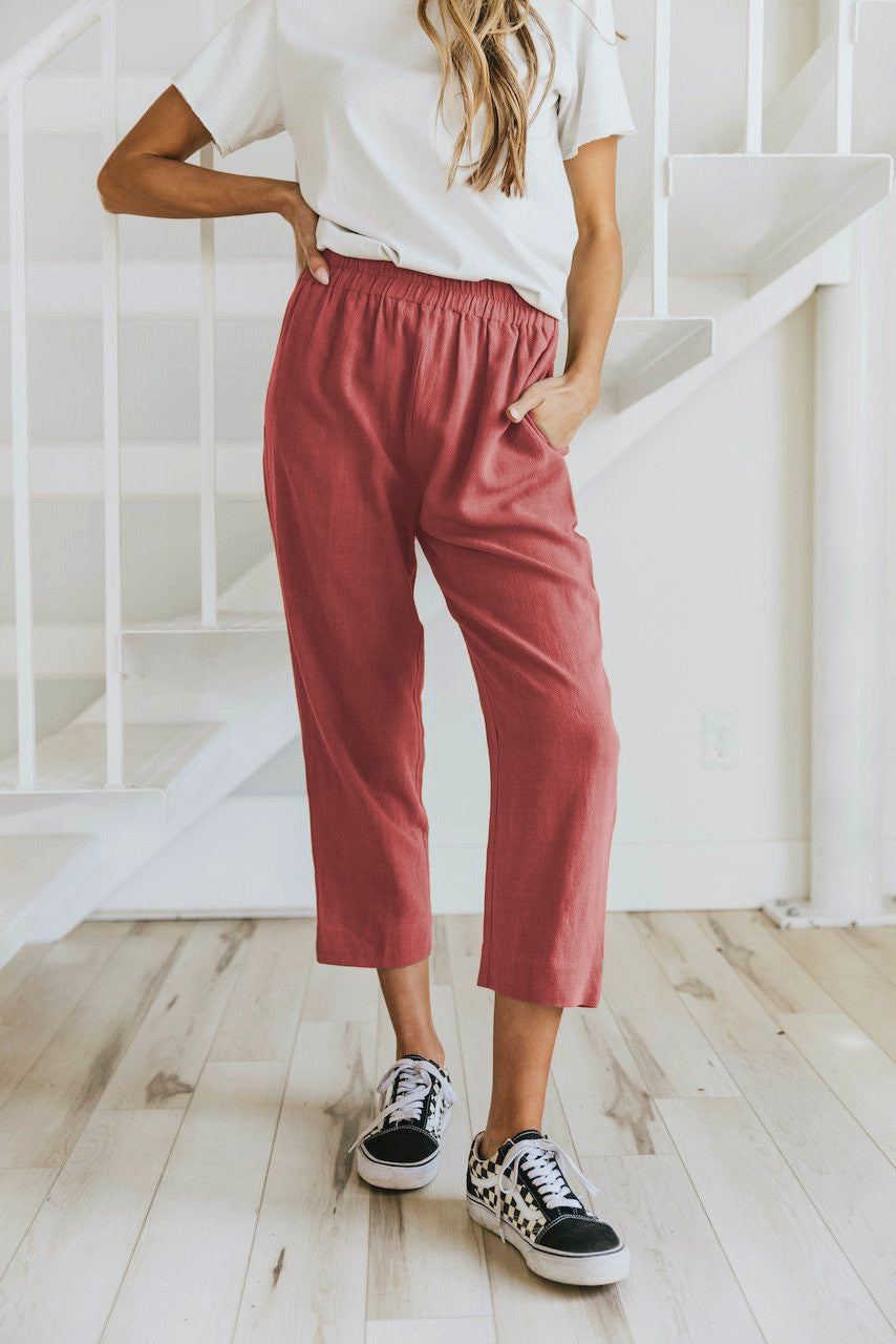 Solid Color Casual Elasticated High-waist Cropped Trousers