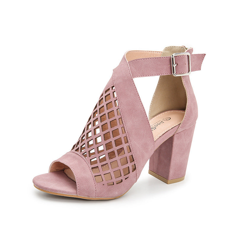 Women's Chunky High Heel Hollow Buckle Roman Shoes