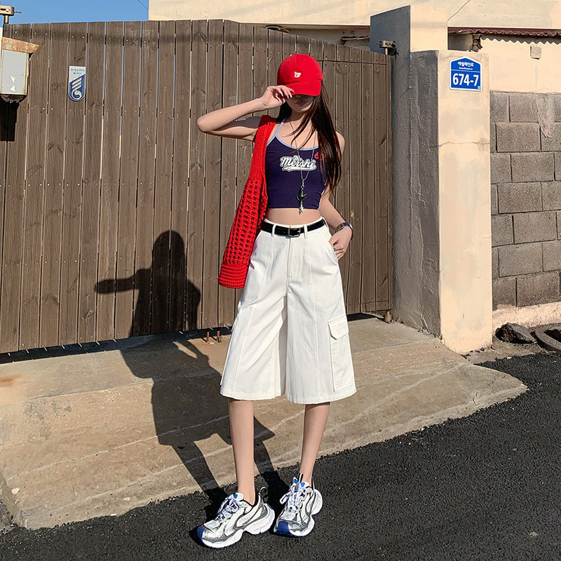 Fashion White High-waist Cropped Overalls For Women