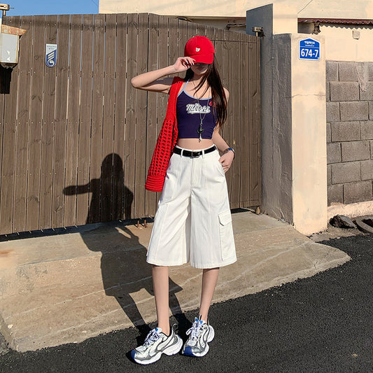 Fashion White High-waist Cropped Overalls For Women