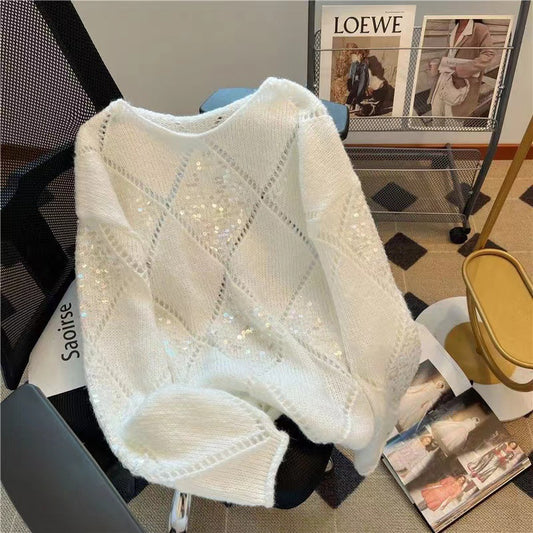 Heavy-duty Sequin Loose And Laid-back Thin Sweater With Patchwork Long Sleeves